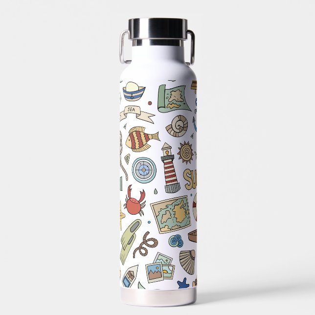 Fun Coastal Beach Nautical Design on White Water Bottle (Front)