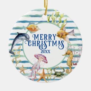 Fun Coastal Beach Theme Merry Christmas, Photo Ceramic Tree Decoration