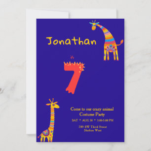 Fun Colorful Animal Themed 7th Birthday  Invitation