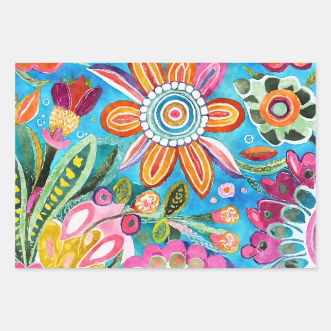 Fun Colorful Floral Arty Blooms  Wrapping Paper Sheet (Front)