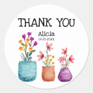 Fun & Colorful Flower On Pot Watercolor Thank You Classic Round Sticker