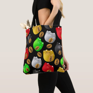 Fun Colorful Maneki-neko cats pattern on black Tote Bag