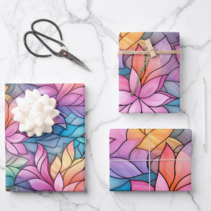 Fun Colorful Stained Glass Window Flower Patterns Wrapping Paper Sheet