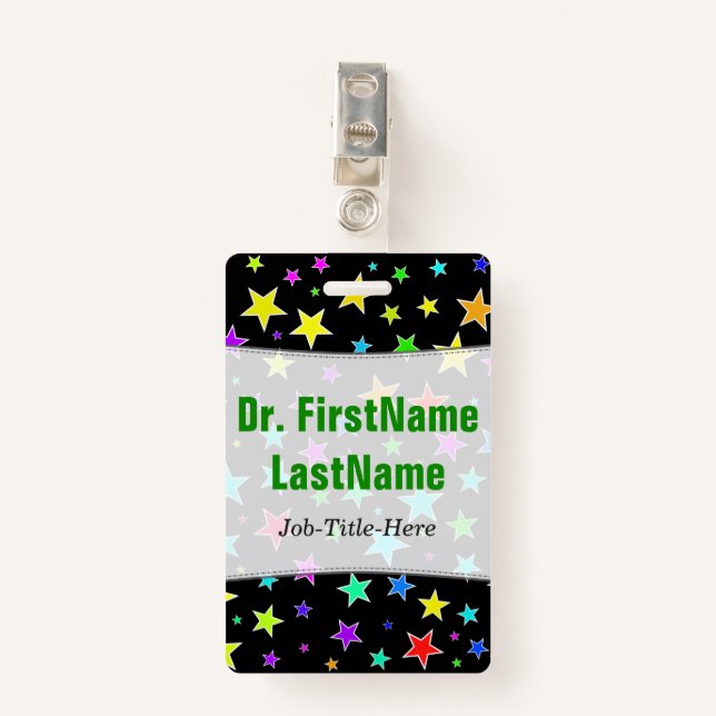 Fun, Colorful Stars Pattern; Personalized Name ID Badge (Front with Clip)