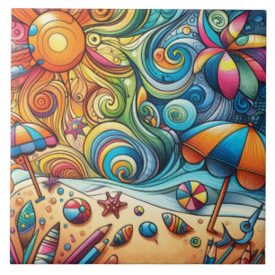 FUN COLORFUL SWIRLS BEACH SCENE TILE
