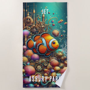 FUN COLORFUL WHIMSICAL STEAMPUNK CLOWN FISH BEACH TOWEL