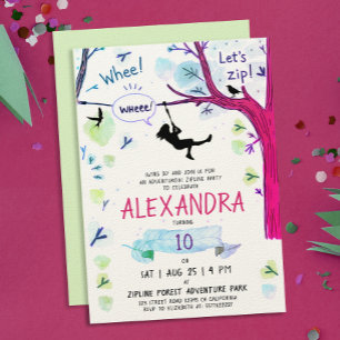 Fun Colour Ziplining Girl Outdoor Bday Watercolor Invitation