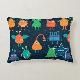 Fun Colourful Alien Pattern for Kids on Blue Decorative Cushion