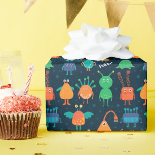 Fun Colourful Alien Pattern for Kids on Blue Party Wrapping Paper