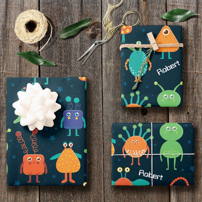 Fun Colourful Alien Pattern for Kids on Blue Party Wrapping Paper Sheet (Creator Uploaded)