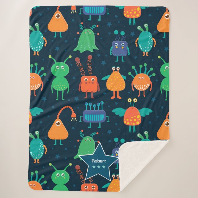 Fun Colourful Alien Pattern for Kids on Blue Sherpa Blanket (Front)