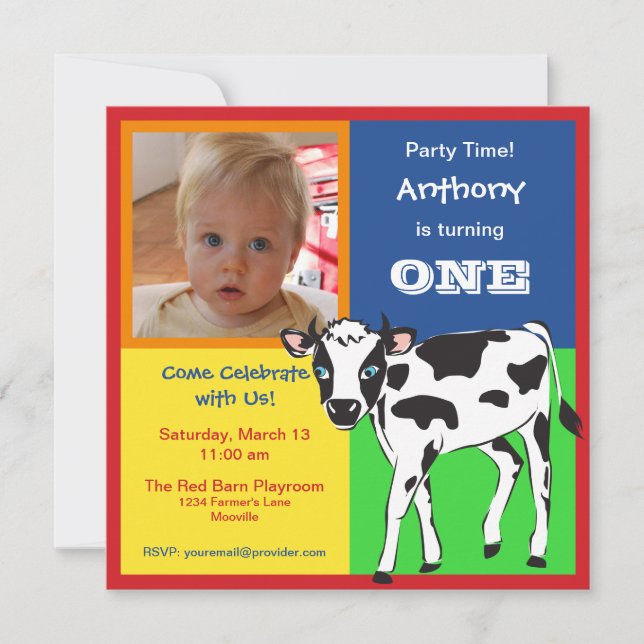 Fun Colourful Baby Cow Photo Invitation (Front)