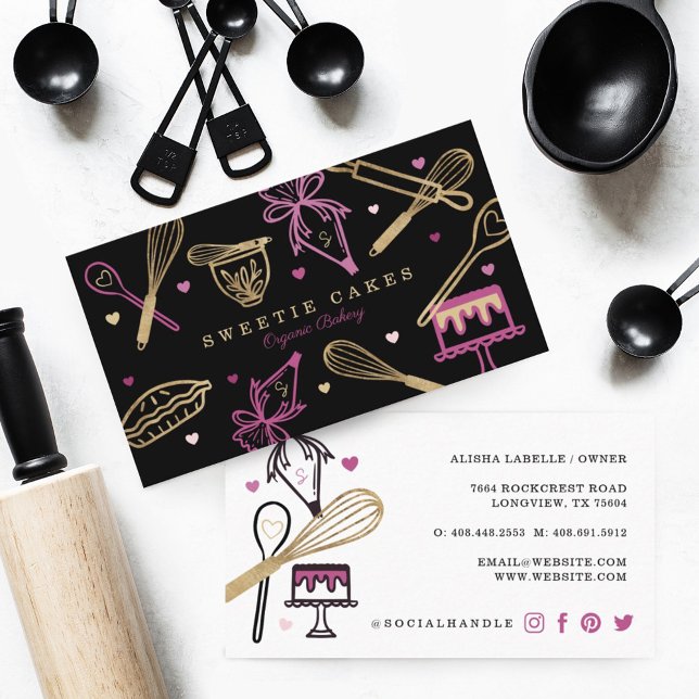 Fun Colourful Baking & Cooking Utensil Black & Gol Business Card (Creator Uploaded)