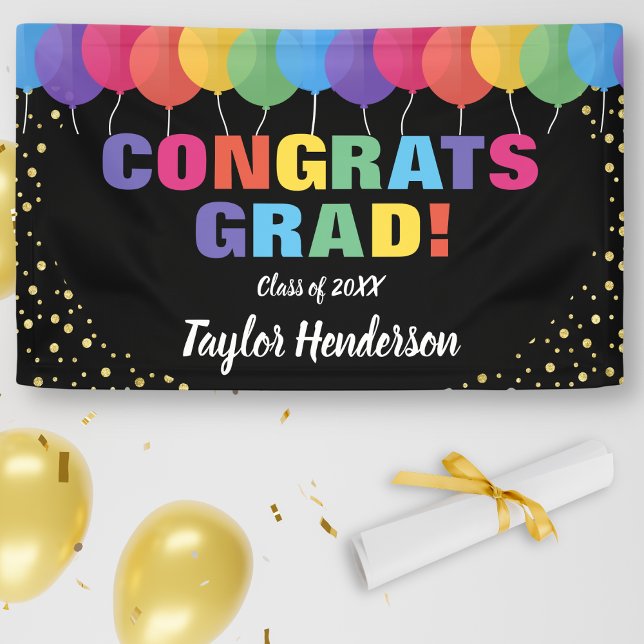 Fun Colourful Balloons Gold Confetti Graduation Banner (Creator Uploaded)