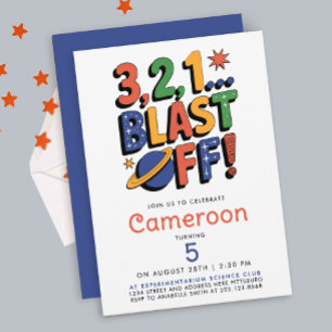 Fun Colourful Blast Off Planets Galaxy Bold Typo Invitation