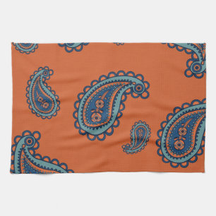 Fun Colourful Blue and Orange Paisley Pattern Tea Towel
