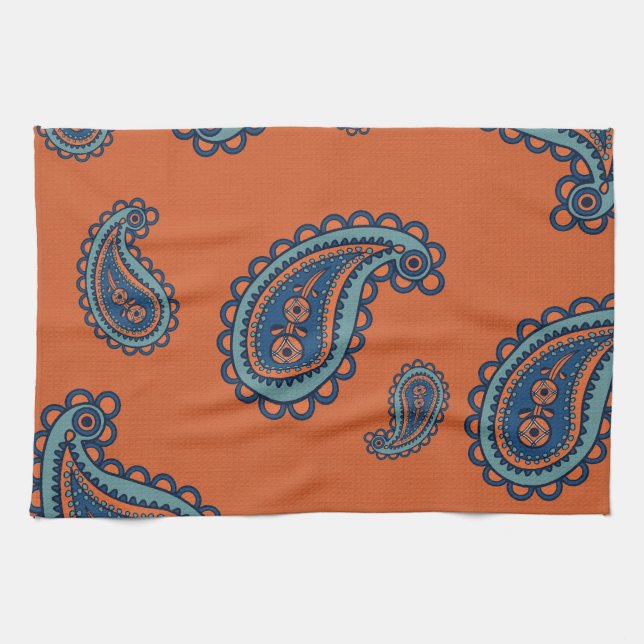 Fun Colourful Blue and Orange Paisley Pattern Tea Towel (Horizontal)