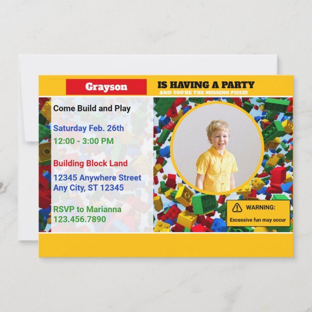 Fun Colourful Building Blocks Birthday Photo Invitation (Front)