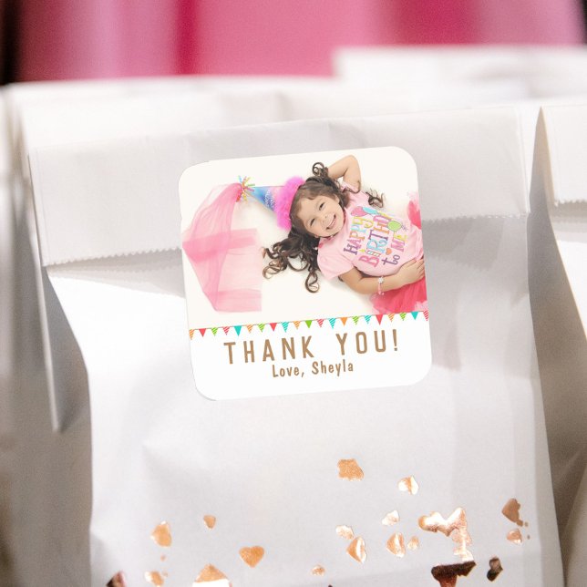 Fun Colourful Bunting Flag Birthday Photo Thank yo Square Sticker (Creator Uploaded)