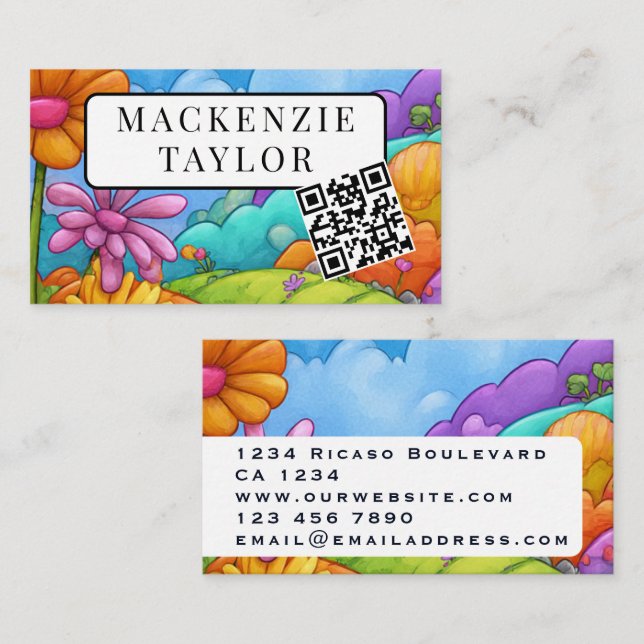 Fun Colourful Cartoon Flower Personalised QR Code Business Card (Front/Back)