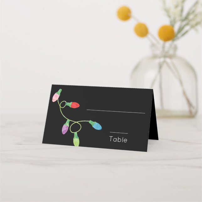 Fun Colourful Christmas Lights on Black Wedding Place Card (Front)