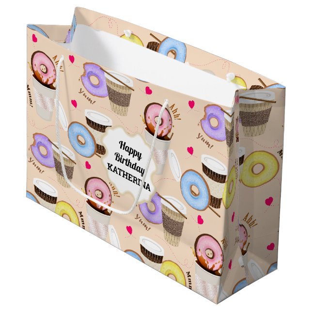 Fun Colourful Coffee & Doughnut Large Gift Bag (Front Angled)