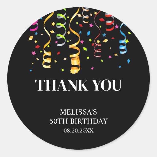 Fun Colourful Confetti Ribbon Birthday Thank You Classic Round Sticker (Front)