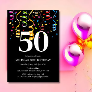 Fun Colourful Confetti Ribbon Black 50 Birthday  Invitation