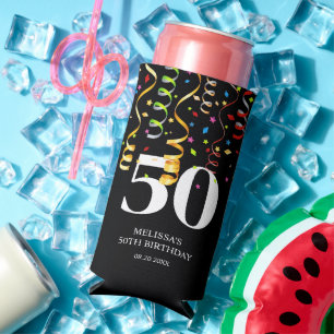 Fun Colourful Confetti Ribbon Black 50 Birthday  Seltzer Can Cooler