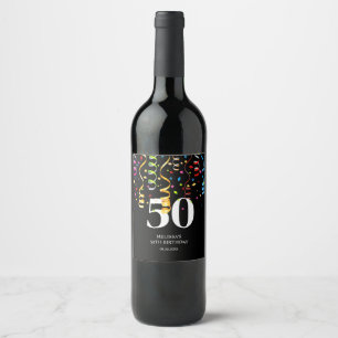 Fun Colourful Confetti Ribbon Black 50 Birthday  Wine Label