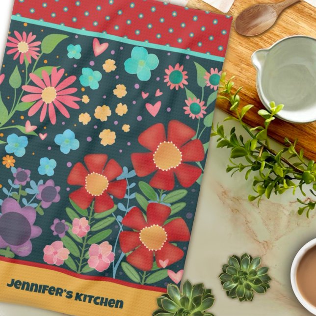 Fun Colourful Customised Name Cute Floral Tea Towel (Creator Uploaded)