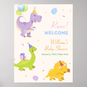 Fun Colourful Dinosaur Balloon Baby Shower Welcome Poster