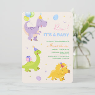 Fun Colourful Dinosaur Balloon Party Baby Shower Invitation
