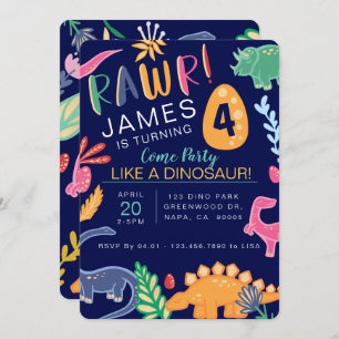 Fun Colourful Dinosaur Birthday Party Invitation