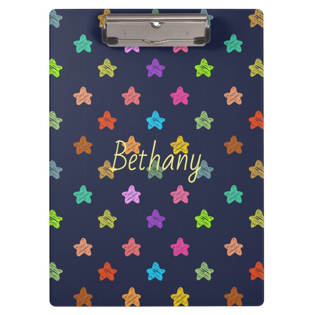 Fun Colourful Doodle Stars on Blue Personalised Clipboard (Front)