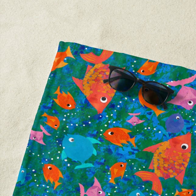 Fun Colourful Fish  on Ocean Blue and Green Beach Towel (In Situ)