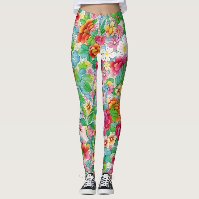 Fun Colourful Floral Art Leggings (Front)