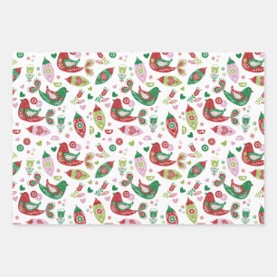 Fun Colourful Folk Art Partridges Christmas  Wrapping Paper Sheet