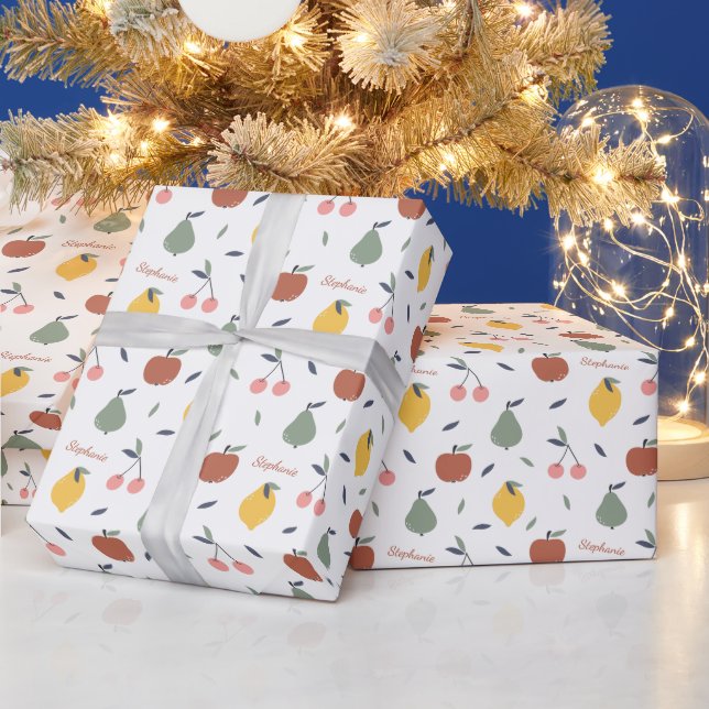 Fun Colourful Fruit Pattern First Name Wrapping Paper (Holidays)