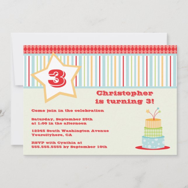 Fun colourful funky star birthday party invitation (Front)