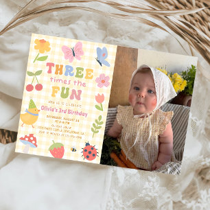 Fun Colourful Gingham Girl 3rd Birthday Photo Invitation