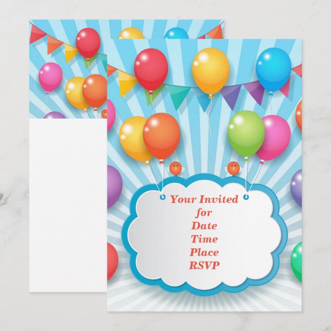 Fun Colourful Happy Birthday Balloons Invitation (Front/Back)