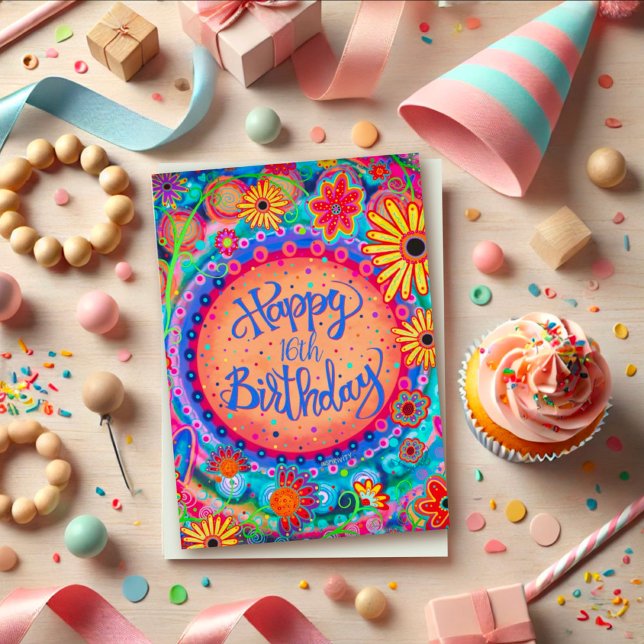 Fun Colourful Happy Birthday Floral Custom Age  Card (Creator Uploaded)