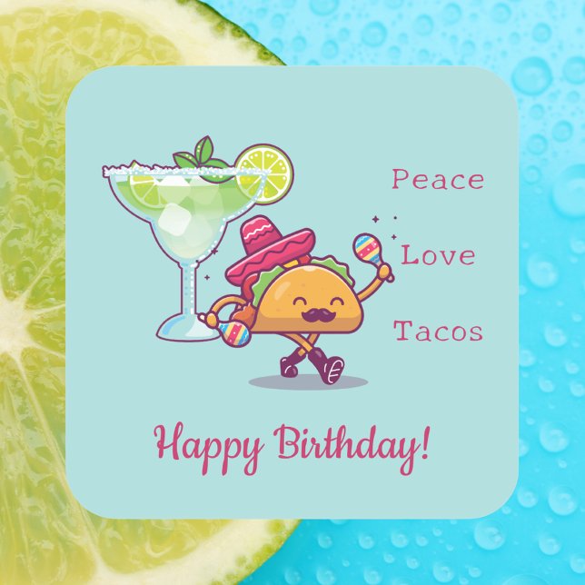 Fun Colourful Happy Birthday Tacos and Margarita Square Sticker (Creator Uploaded)