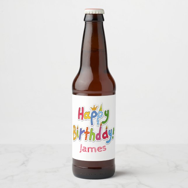 Fun & Colourful Happy Birthday Text – Personalised Beer Bottle Label (Front)