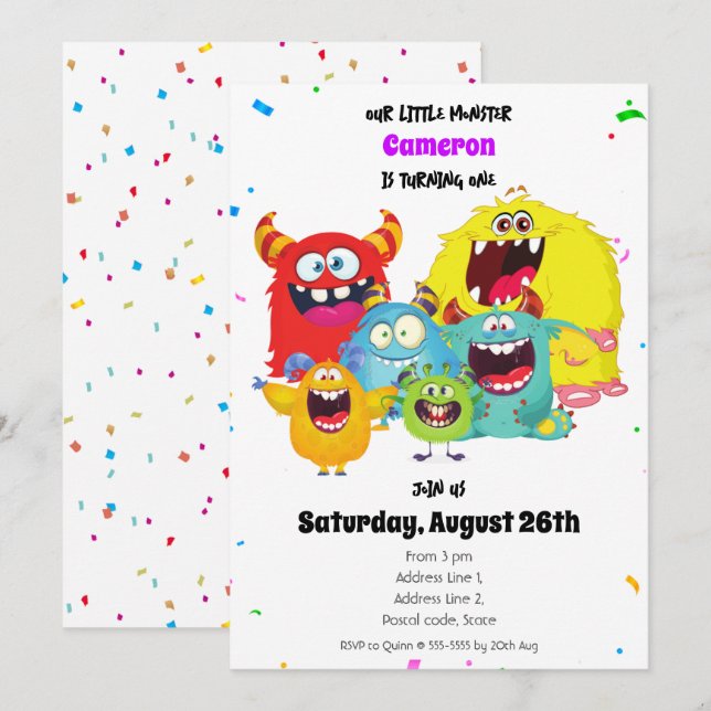 Fun & Colourful Happy Cute Monster Birthday Party Invitation (Front/Back)