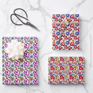 Fun colourful Hearts and Flowers Wrapping Paper Sheet
