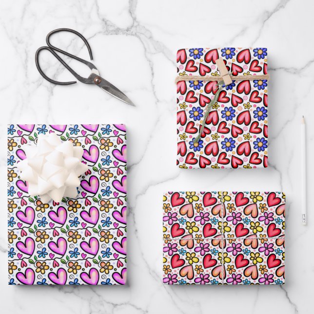 Fun colourful Hearts and Flowers Wrapping Paper Sheet (Front)