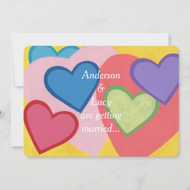 Fun Colourful Hearts Custom Wedding Invites (Front)