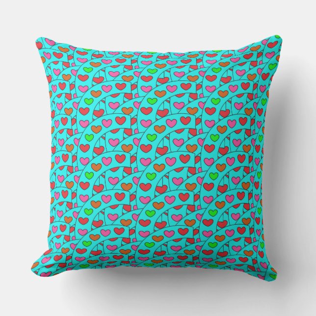 Fun Colourful Hearts on Turquoise Large Outdoor Cushion (Front)